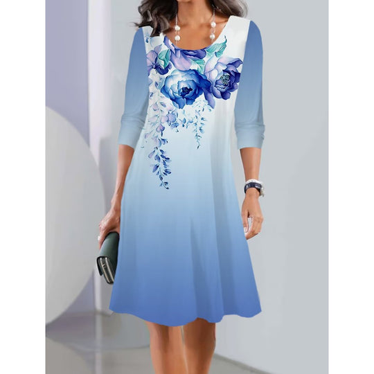Damen A-Linien Kleid mit floralem Druck, U-Ausschnitt, Dreiviertelärmel und sanftem Ombre Shop Nory
