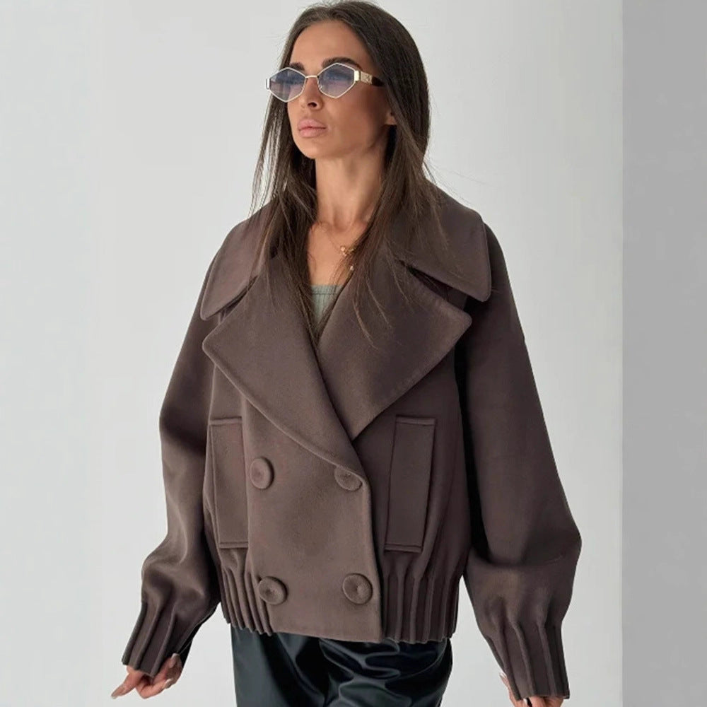 Damen Kurzer Boxy-Wollmantel mit übergroßem Schalkragen, doppelter Knopfleiste und geripptem Bund Shop Nory