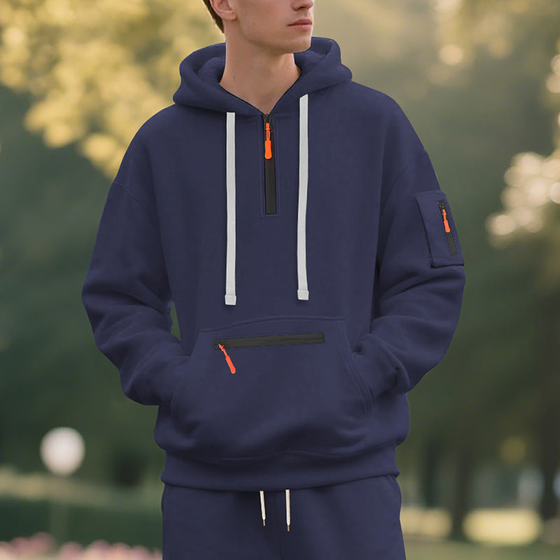 Herren Oversize-Kapuzenpullover mit halbem Reißverschluss, Kängurutasche mit Reißverschluss und Ärmel-Pocket Shop Nory