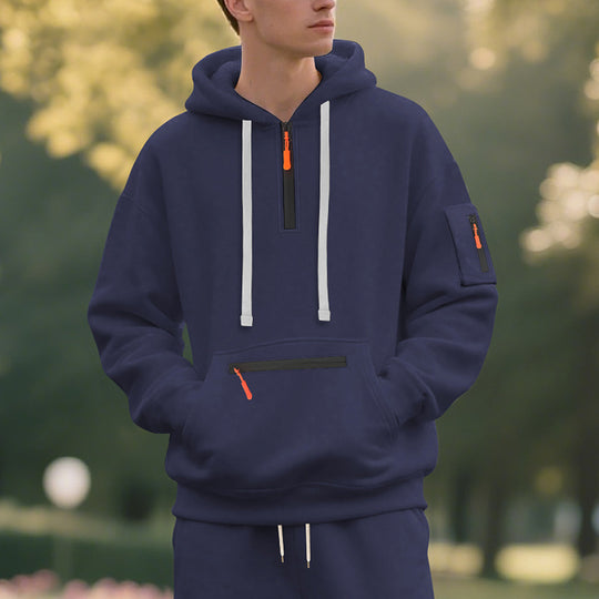 Herren Oversize-Kapuzenpullover mit halbem Reißverschluss, Kängurutasche mit Reißverschluss und Ärmel-Pocket Shop Nory