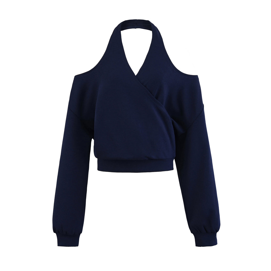 Damen Cropped Sweatshirt mit Neckholder, Cold-Shoulder und Wickeloptik Shop Nory