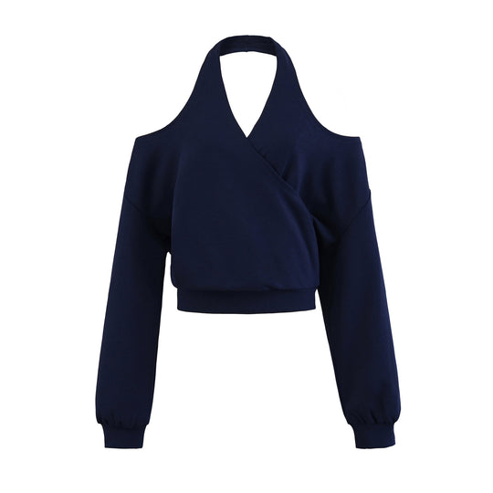 Damen Cropped Sweatshirt mit Neckholder, Cold-Shoulder und Wickeloptik Shop Nory