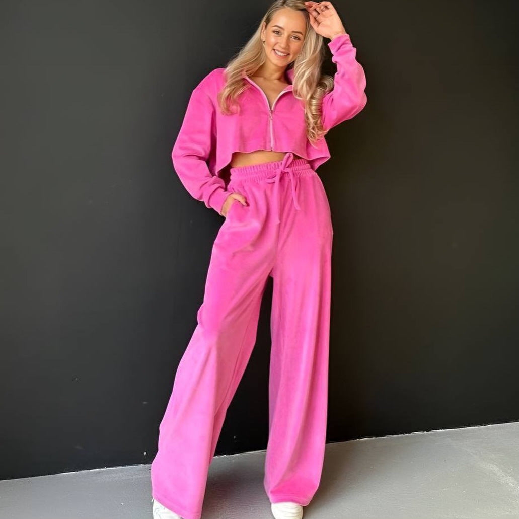 Damen gekürztes Velours-Cropped-Hoodie mit Stehkragen und elastischer High-Waist-Palazzo-Jogginghose Shop Nory