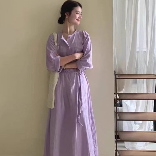 Damen Maxikleid mit Stehkragen, 3/4-Ärmeln und Tunnelzugtaillierung Shop Nory