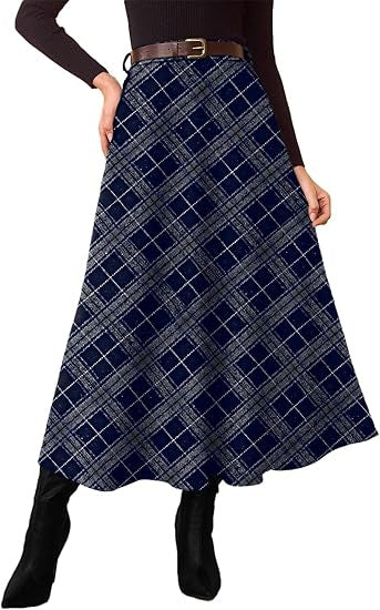 Damen Karierter Midirock in A-Linie mit hoher Taille und seitlichen Eingrifftaschen Shop Nory