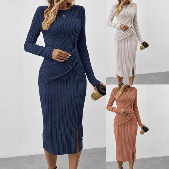 Damen Gerippetes Midikleid aus Feinstrick mit gedrehtem Taillendetail Shop Nory