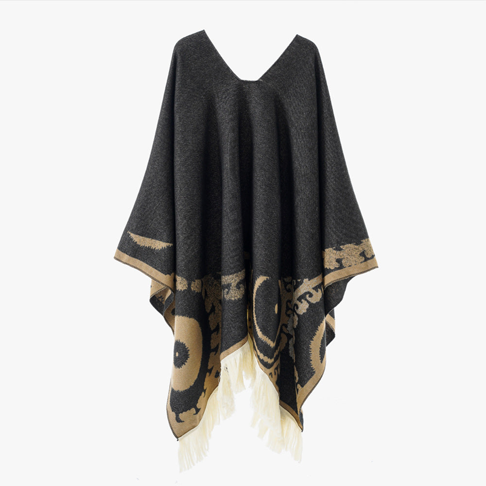 Damen Wollmix-Medallionponcho mit V-Ausschnitt und Fransensaum Shop Nory