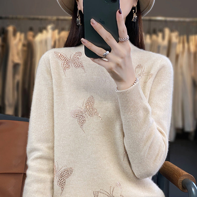 Damen Stehkragen-Feinstrickpullover mit Strass-Schmetterlingsapplikation Shop Nory