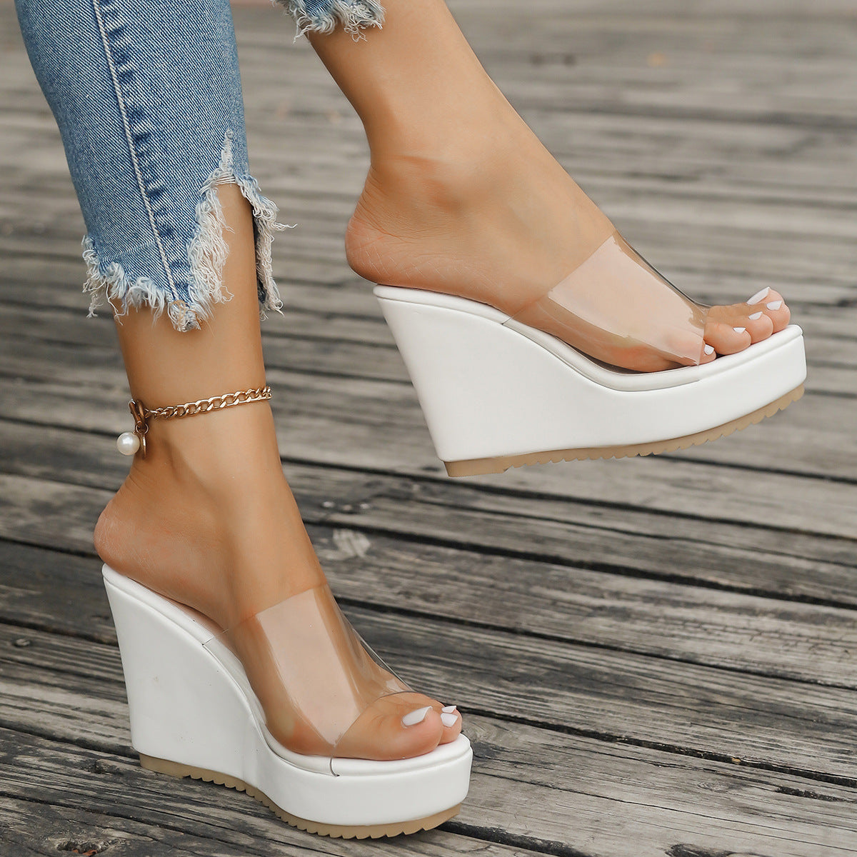Damen Plattform-Sandalen mit transparentem Obermaterial und rutschfester Sohle