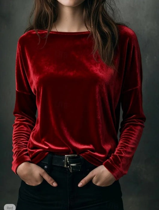 Damen Feines Velours-Langarmshirt mit U-Boot-Ausschnitt und kastiger Silhouette Shop Nory