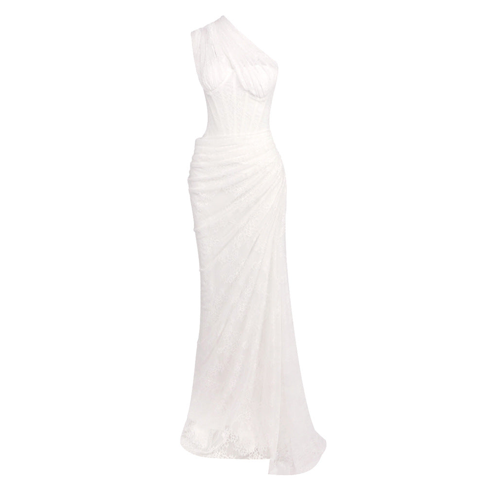Damen elegantes Abendkleid mit asymmetrischem One-Shoulder-Design und floralem Spitzenbesatz
