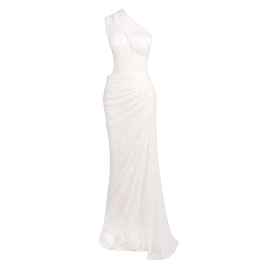 Damen elegantes Abendkleid mit asymmetrischem One-Shoulder-Design und floralem Spitzenbesatz