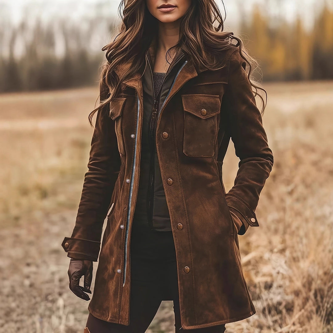 Damen Langjacke aus Veloursleder mit Utility-Taschen und verdecktem Reißverschluss Shop Nory