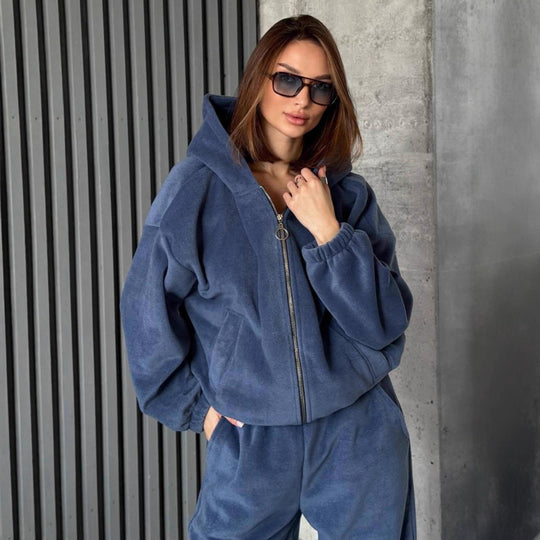 Damen Plüsch-Loungewear-Set mit Reißverschluss-Kapuzenjacke und taillenhoher Jogginghose Shop Nory