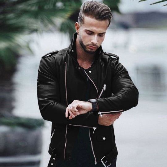 Herren stylische Bikerjacke aus Kunstleder mit asymmetrischem Reißverschluss und tailliertem Schnitt Shop Nory