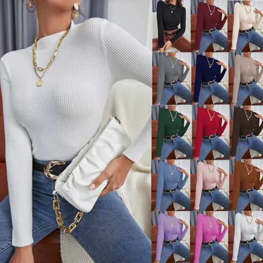 Damen Figurbetontes Ripp-Strickoberteil mit Stehkragen und langen Ärmeln Shop Nory