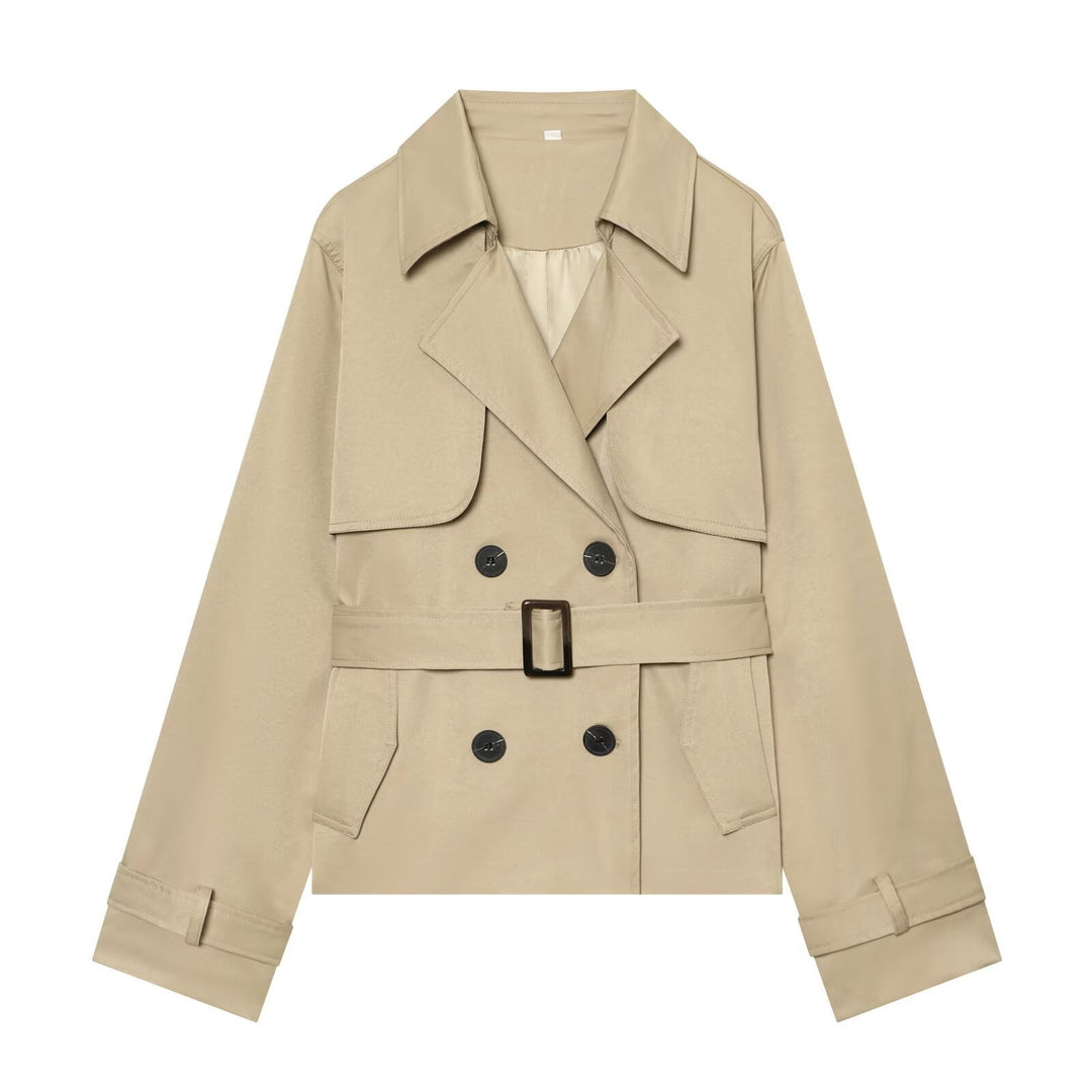 Damen Kurzer Cropped-Trenchcoat mit doppelreihiger Knopfleiste, Taillengürtel und Schulterpatten Shop Nory
