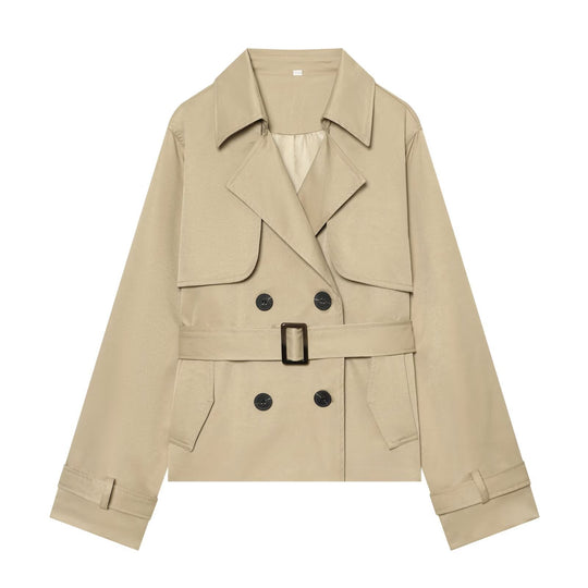 Damen Kurzer Cropped-Trenchcoat mit doppelreihiger Knopfleiste, Taillengürtel und Schulterpatten Shop Nory