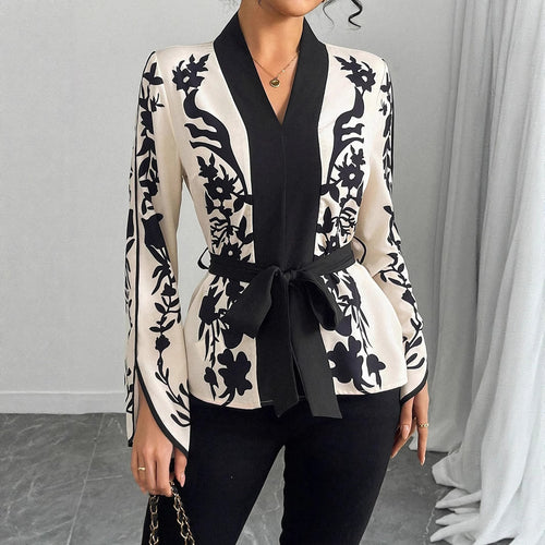 Damen Kimono-Bluse mit floralem Druck, V-Ausschnitt und Taillenbindegürtel Shop Nory