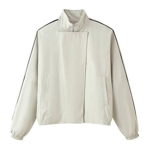 Damen Sportlich-minimalistische Übergangsjacke mit hohem Funnelkragen, verdeckter Leiste und Kontrastpaspel Shop Nory