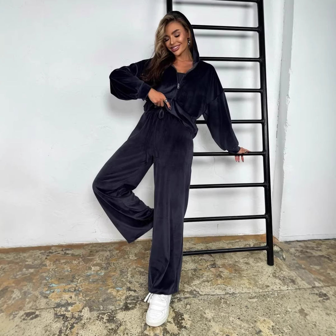 Damen luxuriöses Velours-Lounge-Set mit kurzem Reißverschluss-Hoodie und weitem High-Waist-Hose Shop Nory