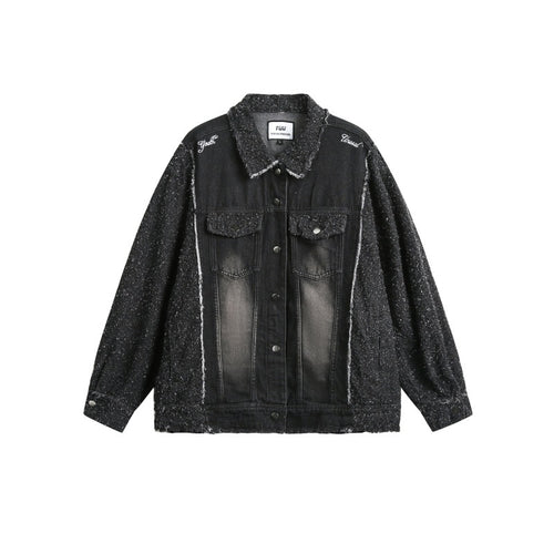 Unisex Oversized-Jeansblouson mit melierter Bouclé-Ärmelpartie und ausgefranster Kante Shop Nory