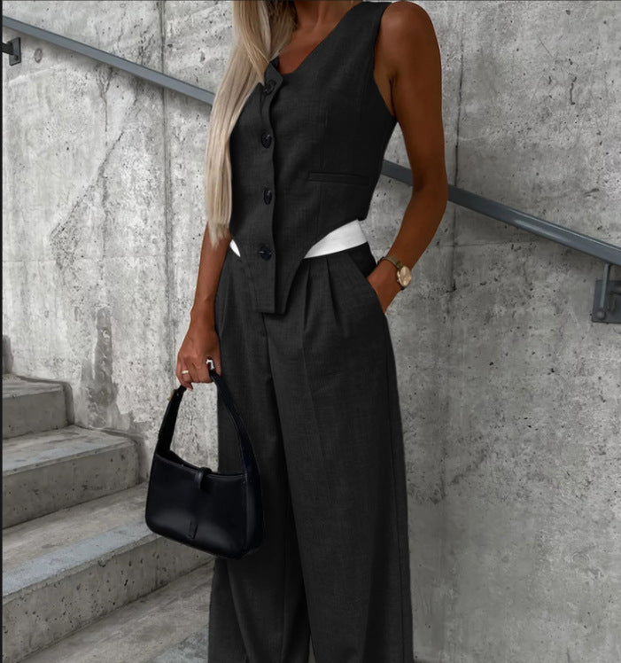 Damen Asymmetrisches Gilet- und Palazzohosen-Set mit Bundfalten und Eingrifftaschen Shop Nory
