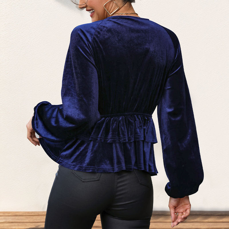 Damen Samt-Peplum-Bluse mit tiefem V-Ausschnitt, gedrehter Brustnaht und Ballonärmeln Shop Nory