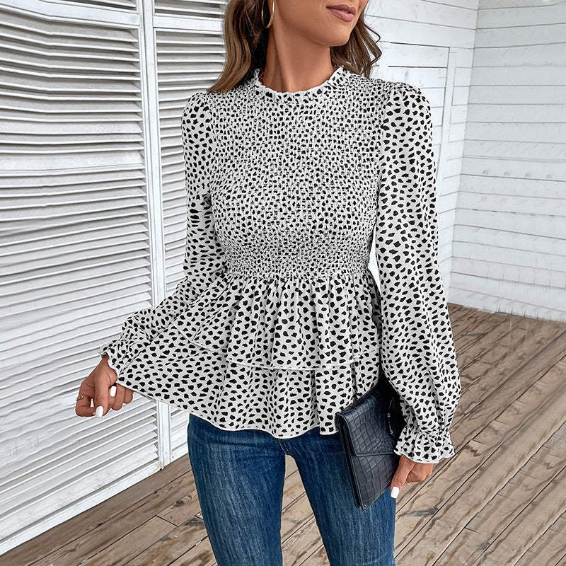 Damen Gesmoktes Chiffon-Blusenshirt mit Stufen-Peplum und Rüschenärmeln Shop Nory