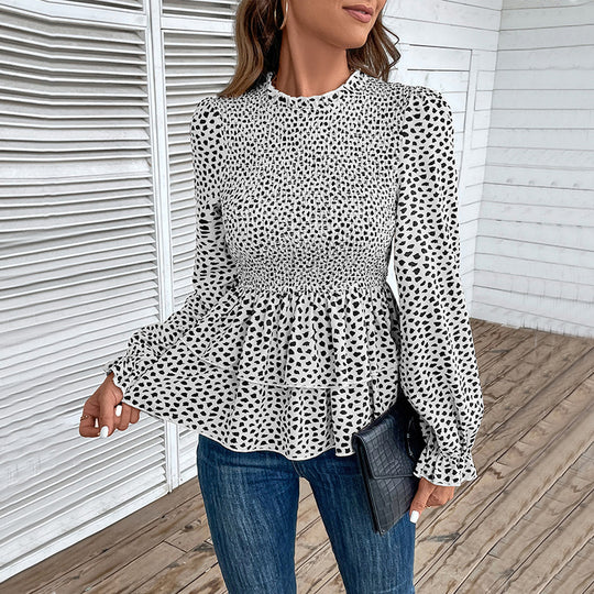 Damen Gesmoktes Chiffon-Blusenshirt mit Stufen-Peplum und Rüschenärmeln Shop Nory