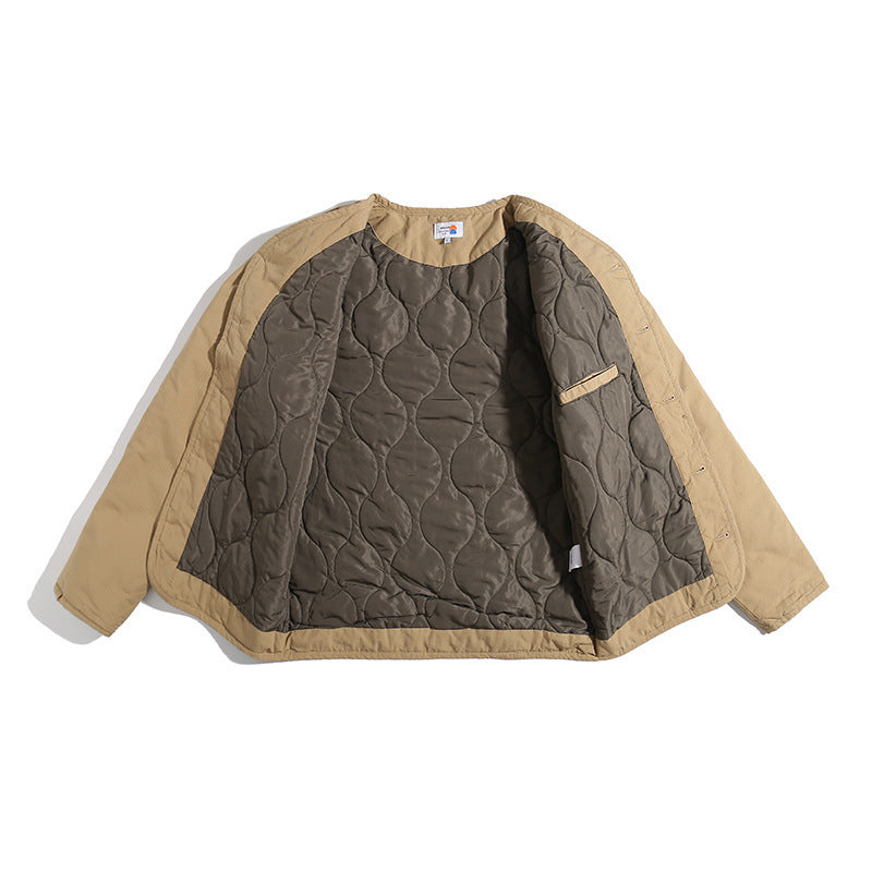 Unisex Leichte gesteppte Rundhals-Übergangsjacke mit Knopfleiste und aufgesetzten Taschen Shop Nory