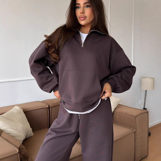 Damen Bequeme und elegante Langarm-Pullover mit Reißverschluss und weiten Jogginghose Shop Nory
