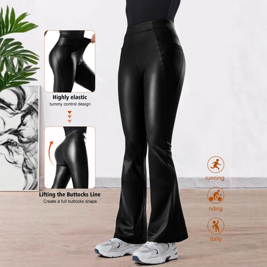 Damen Hochtaillierte Kunstleder-Flared-Leggings mit V-Seitentasche und figurformender Passform Shopy Nory
