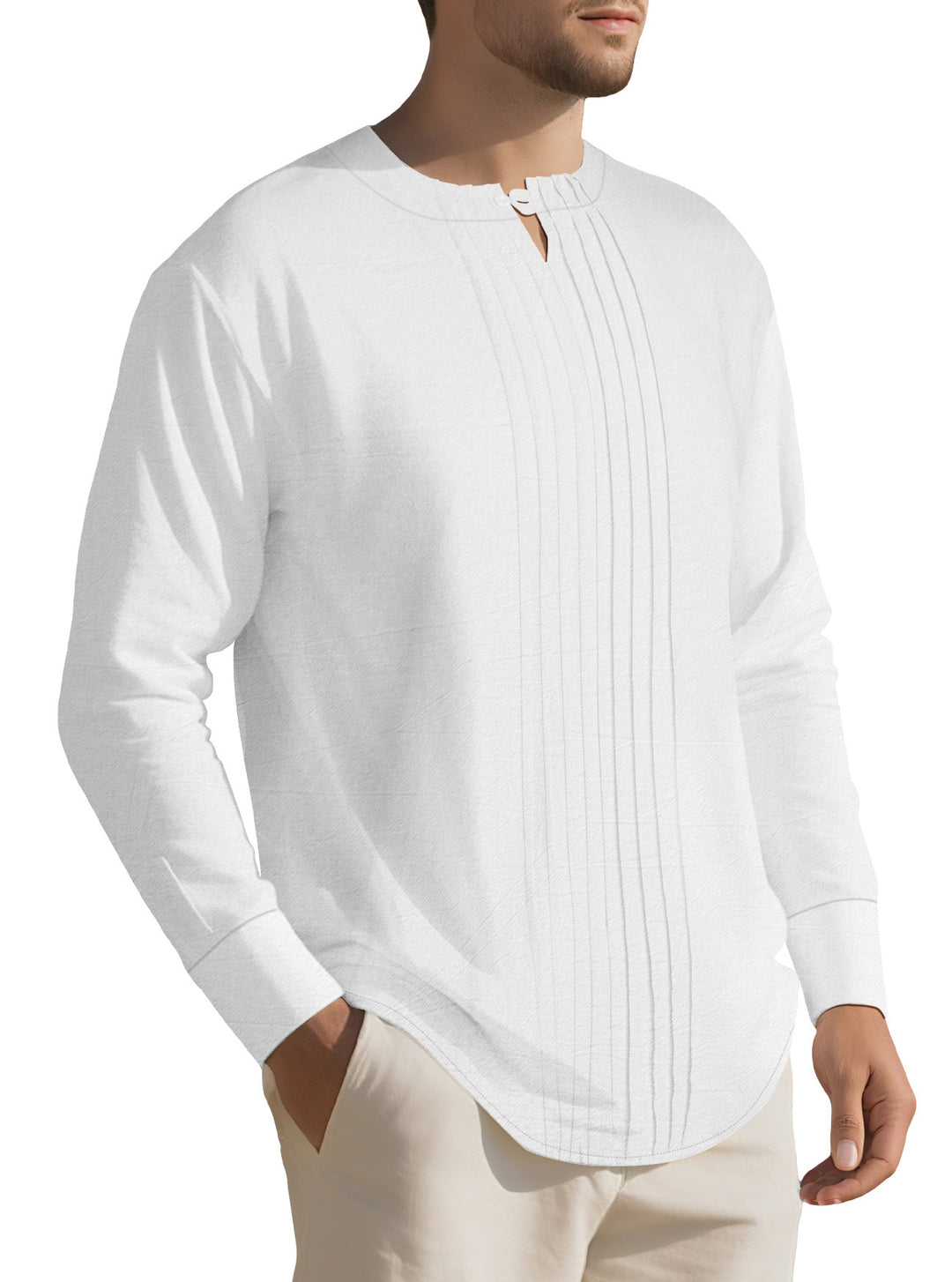 Herren Leichtes Langarmshirt im Leinenlook mit Stehkragen, Kellerfalten und Schlaufenverschluss Shop Nory
