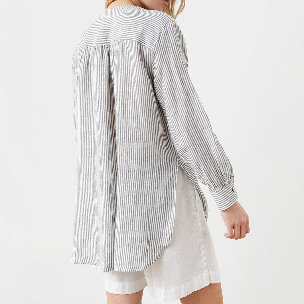 Damen Leichtes gestreiftes Tunika-Bluse mit Stehkragen und hohem Saum Shop Nory