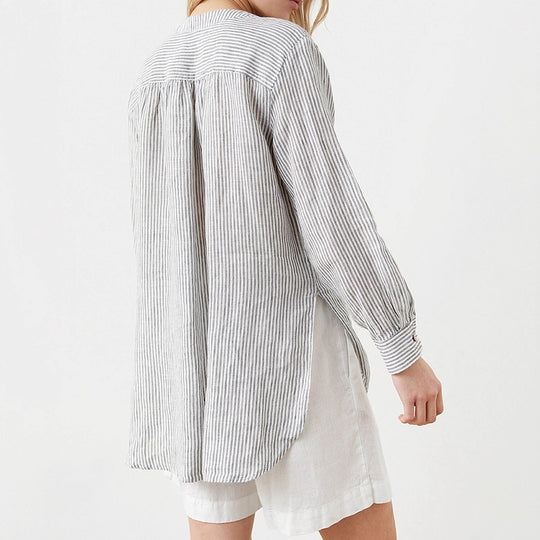 Damen Leichtes gestreiftes Tunika-Bluse mit Stehkragen und hohem Saum Shop Nory