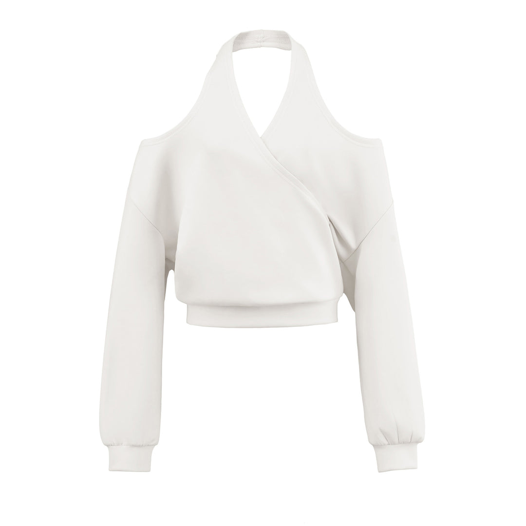 Damen Cropped Sweatshirt mit Neckholder, Cold-Shoulder und Wickeloptik Shop Nory