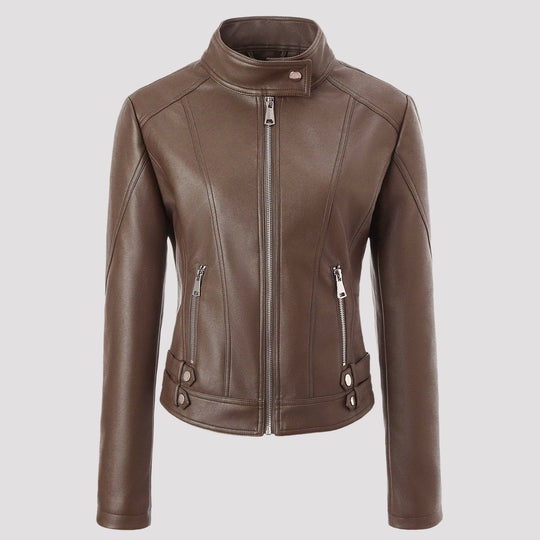 Damen Taillierte Kunstleder-Bikerjacke mit Stehkragen, vertikalen Ziernähten und seitlichen Schnallengurten Shop Nory