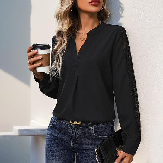 Damen Elegante Chiffonbluse mit Stehkragen, V-Ausschnitt und Spitzenbesatz an Ärmeln Shop Nory