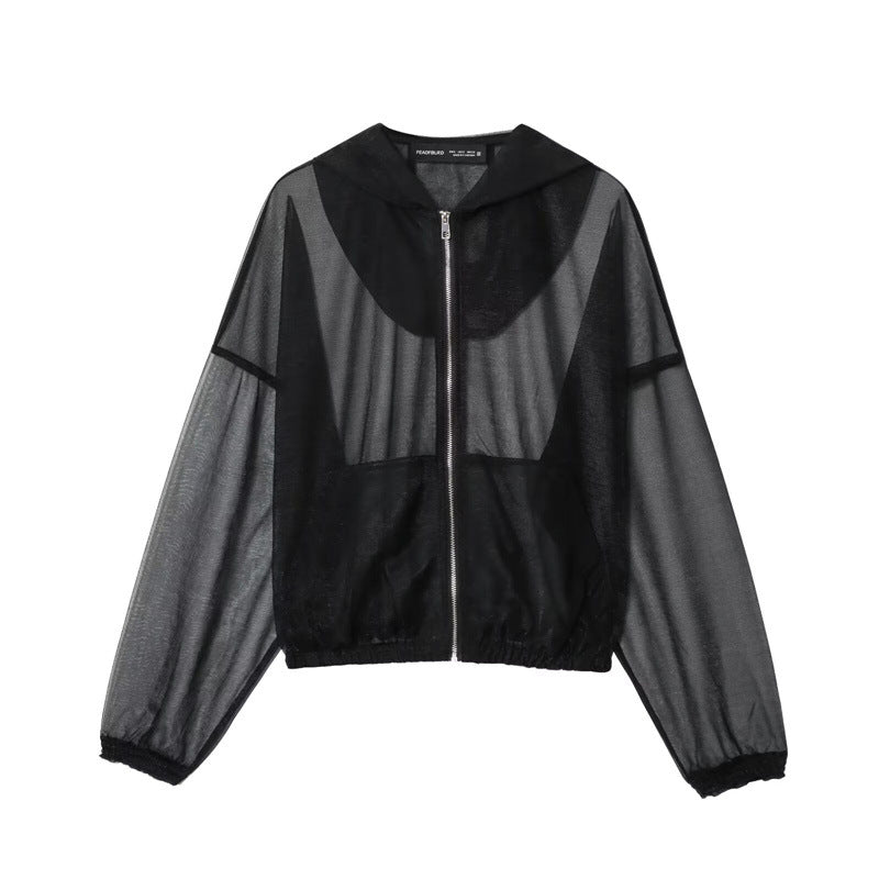 Damen Transparente Mesh-Trainingsjacke mit Kapuze, durchgehendem Reißverschluss und elastischem Saum Shop Nory