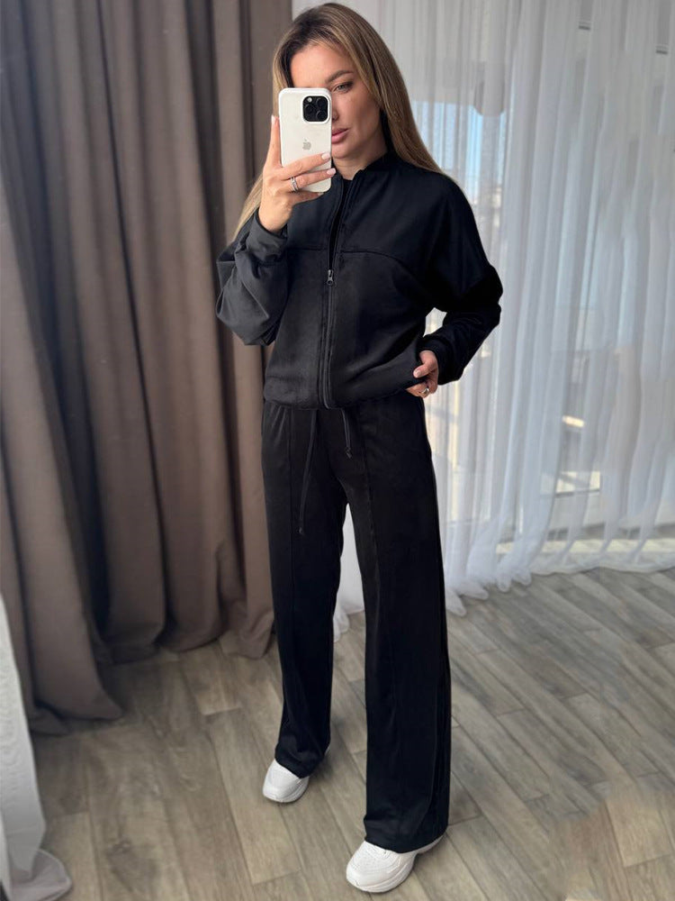 Damen Velours-Trainingsanzug mit Stehkragen und weitem Loungebund-Hosenbein Shop Nory