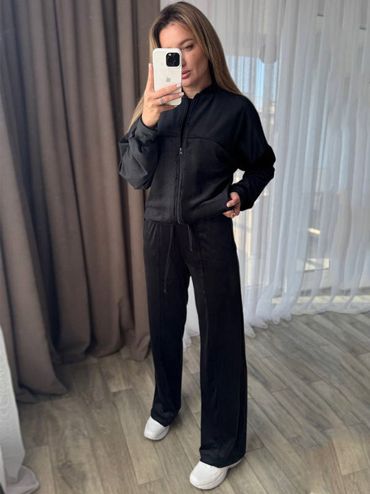 Damen Velours-Trainingsanzug mit Stehkragen und weitem Loungebund-Hosenbein Shop Nory