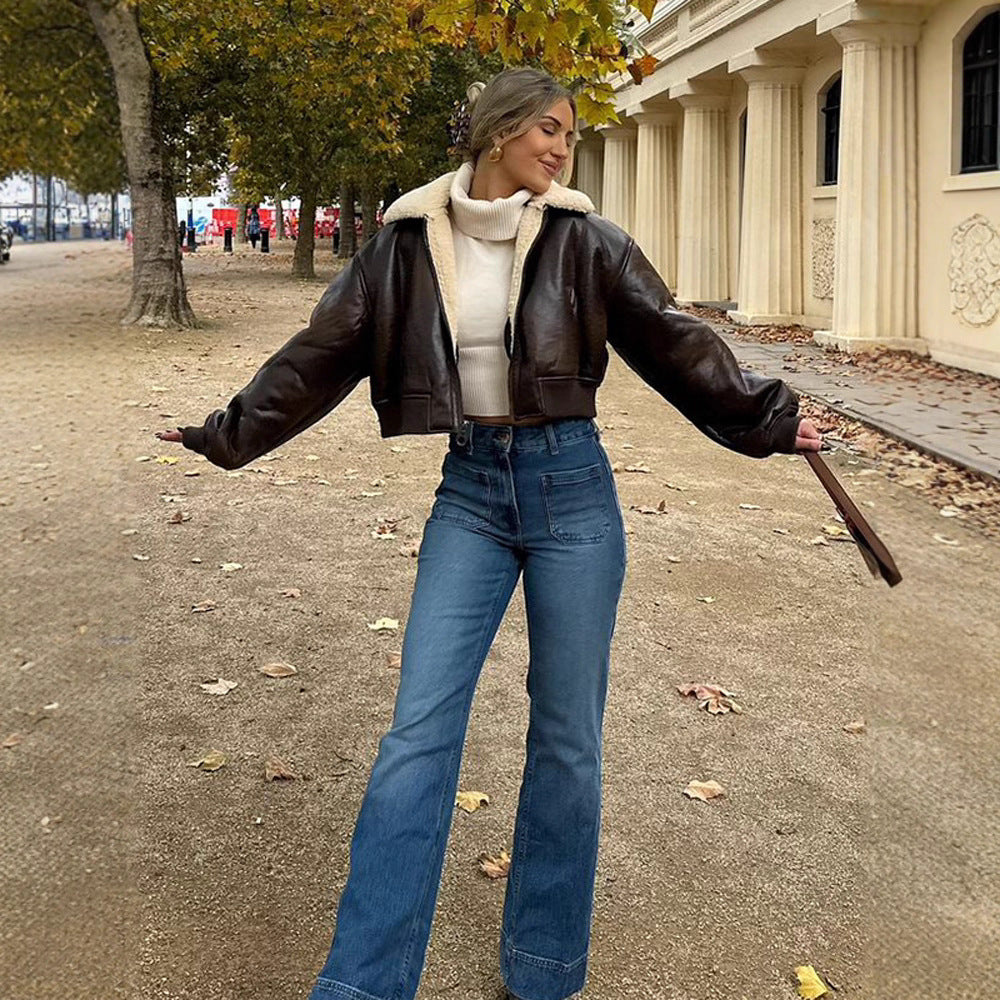 Damen Kurz geschnittene Fliegerjacke mit Teddy-Futter und Oversized-Ärmeln Shop Nory