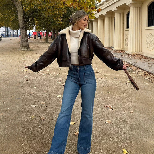 Damen Kurz geschnittene Fliegerjacke mit Teddy-Futter und Oversized-Ärmeln Shop Nory
