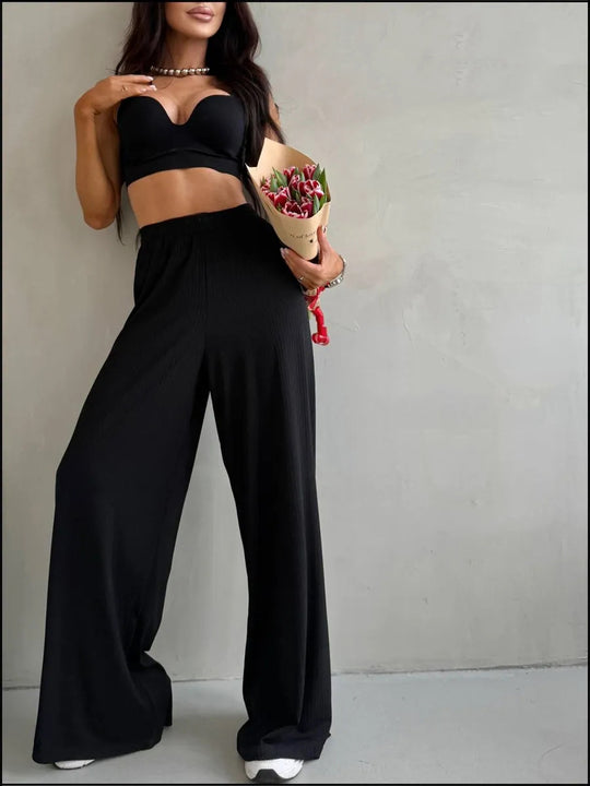 Damen weite High-Waist Palazzo-Hose aus geripptem Jersey mit elastischem Bund Shop Nory