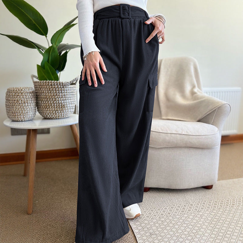 Damen Weite High-Waist-Hose mit Stoffgürtel und Cargo-Taschen Shop Nory