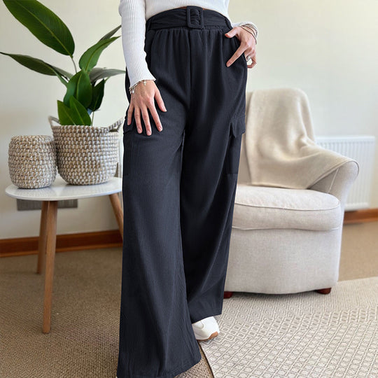 Damen Weite High-Waist-Hose mit Stoffgürtel und Cargo-Taschen Shop Nory