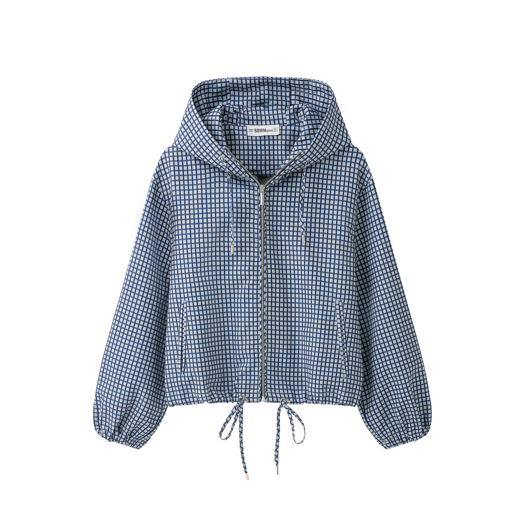 Damen Kariertes Cropped Kapuzenjacke mit Tunnelzug und Reißverschluss Shop Nory