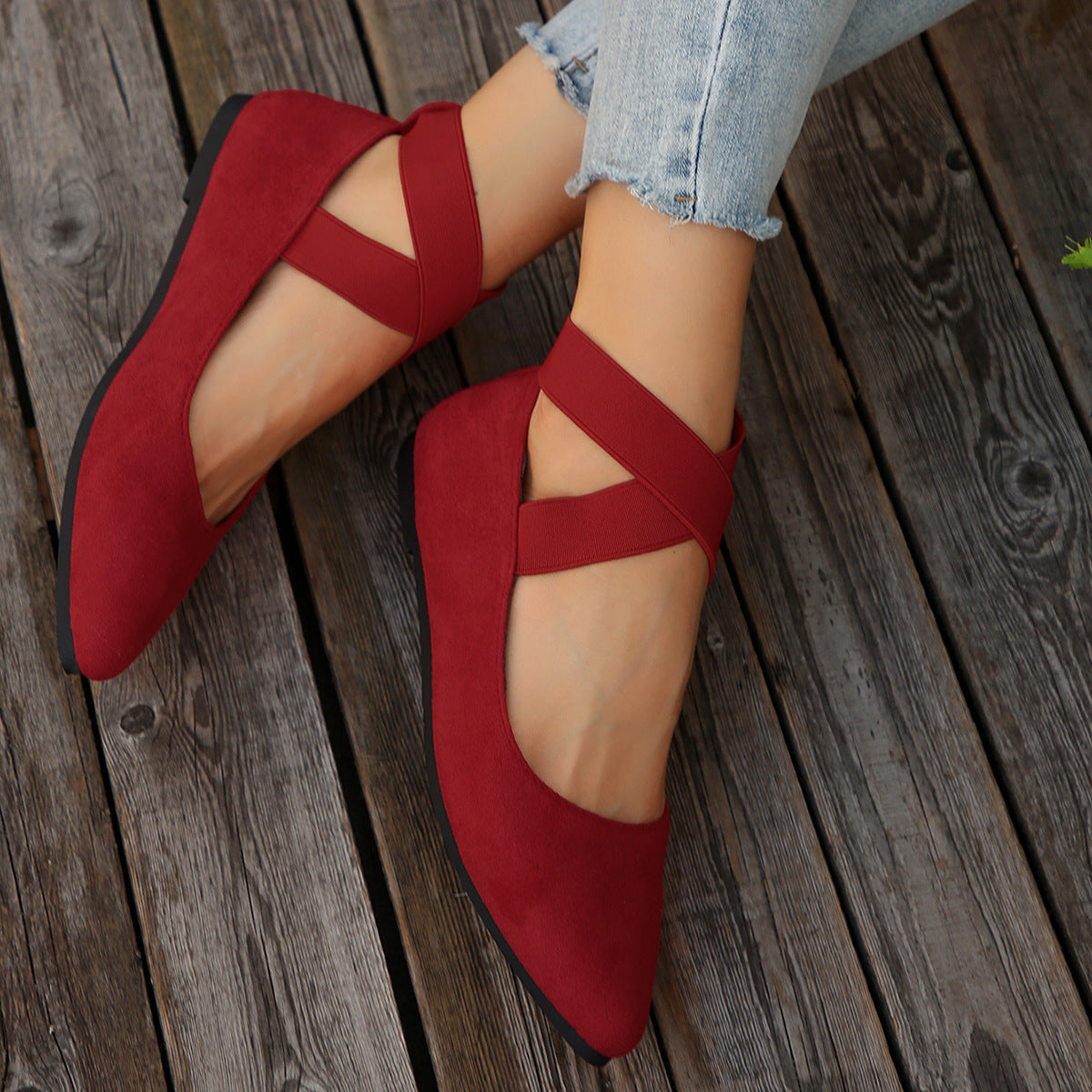 Damen Ballerina-Schuhe mit elastischen Kreuzbändern und rutschfester Sohle