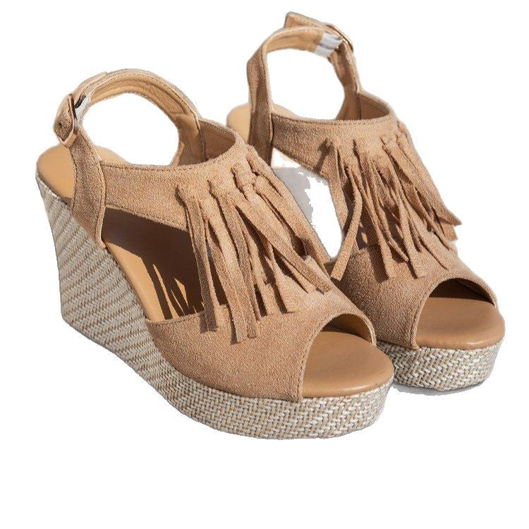 Damen Wedge-Sandaletten mit fransigen Verzierungen und ergonomischem Fußbett Shopnory